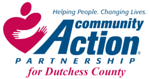Red heart made to look like a person being hugged by hands, logo of Community Action Partnership for Dutchess County