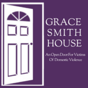 Open white door on purple background, logo of Grace Smith House, Dutchess County, NY
